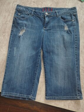 Elle Mid Blue Distressed Ankle-Length Denim Shorts